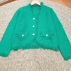 Green Fringe Trim Tweed Knit Jacket Pearl Button Pocket Cardigan Coat 💚